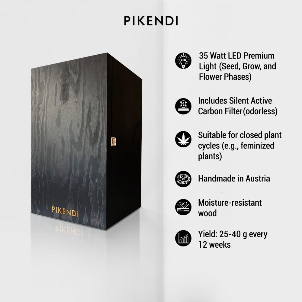 Pikendi Mini Grow Box Premium, Equipo Completo con Filtro de Carbón Silencioso y LED 35 W, Armario de Madera Hecho a Mano, Cultivo Interior Compacto y Discreto Sin Olores