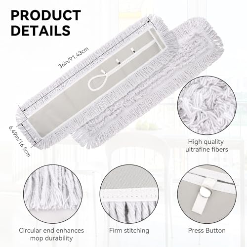 Image of 36 Inch Dust Mop Head: Replacement Medium Washable Commercial Mop Head Sweeper and Janitorial Replacement with Botton (White - 36 Inch, 3 Pack, Botton)