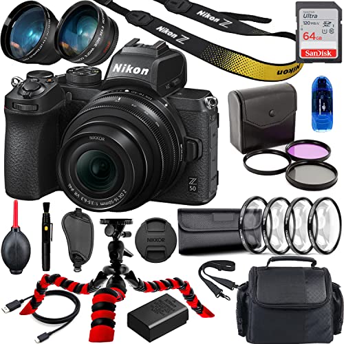 Nikon Z50 Mirrorless Camera with NIKKOR Z DX 16-50mm f/3.5-6.3 VR Lens (Black) + Accessories (64Gb Memory Card, Wide Angle and Telephoto Lens and More)