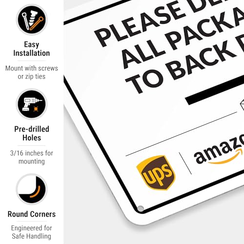 Image of Package Delivery Sign, Delivery Instructions Deliver All Package to Back Door Right Arrow Sign, 10x7 Inches, Rust Free .040 Aluminum, Fade Resistant, Made in USA
