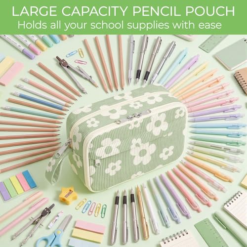 Image of WOBAGMEN Cute Pencil Case,Large Corduroy Zippered Pencil Case Pouch, aesthetic Pencil Bag with Compartments, Pencil Pouch School Supplies (Cute Green Floral)