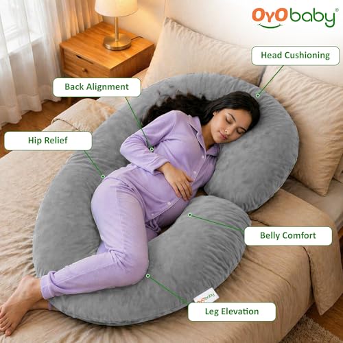 Image of OYO BABY C-Shaped Pregnancy Pillow for Women | Full Body Maternity Support Pillow for Sleeping | Side Sleeper Pillow for Back, Belly, Hips & Legs | Soft Velvet Cover, Removable & Washable (Light Grey)