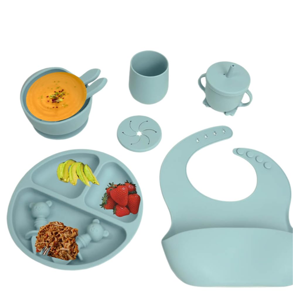 Baby led weaning kit Silicone Feeding Set 10 Pcs, Baby Led Weaning Supplies Essential Toddler Plates, BPA Free, 100% Silicone Safety Suction Plates Bowls Set, Safe Flatware Self Feeding Infant 6+