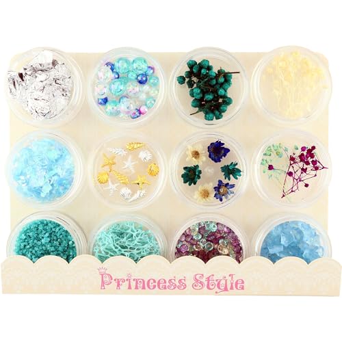 Princess-style ハーバリウムボールペン材料 ドライフラワー プリザ 花材 パール ホログラム等 コンテナ入り12個セット (マリン)（Amazon）