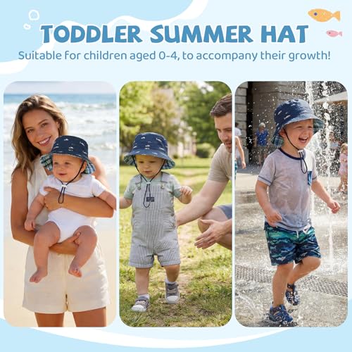Durio Toddler Sun Hat - UPF 50+ Infant Newborn Summer Bucket Hats for Boy Girl, Wide Brim Baby Sun Hat for Beach Outdoor Play, Navy Fish 2-4 T