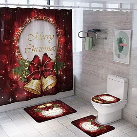 ChYoung 4 STÜCKE Weihnachten Bad Sets Schneemann Weihnachtsmann Duschvorhang/Badematten Teppiche/U-förmigen Podest Matte/Toilettensitzbezug Cover