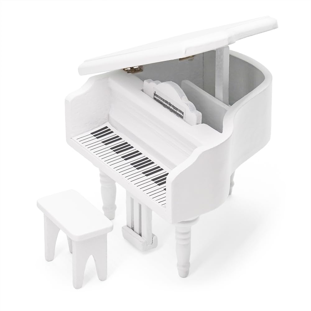 Odoria Dollhouse Grand Piano Miniature: 1/12 Scale Musical Instruments with Piano Bench for 6 inch Dolls Figures Model - Mini Living Room Furniture Vintage Antique Wood White Non-playable