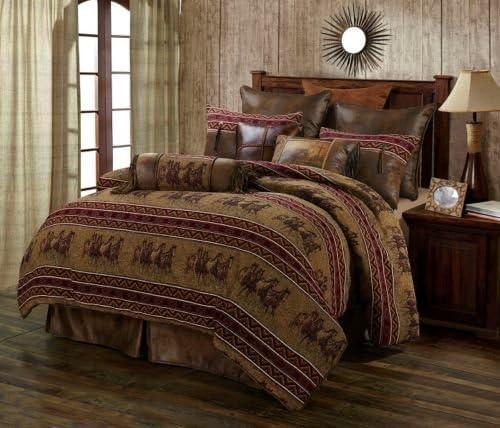 Running Horse Western 5 Piece Super King Size Comforter Bedding Set Includes: (1 Comforter, 2 Pillow Shams, 1 Bedskirt, 1 Neckroll Pillow) - Ranch Equestrian - SAVE BIG ON BUNDLING!
