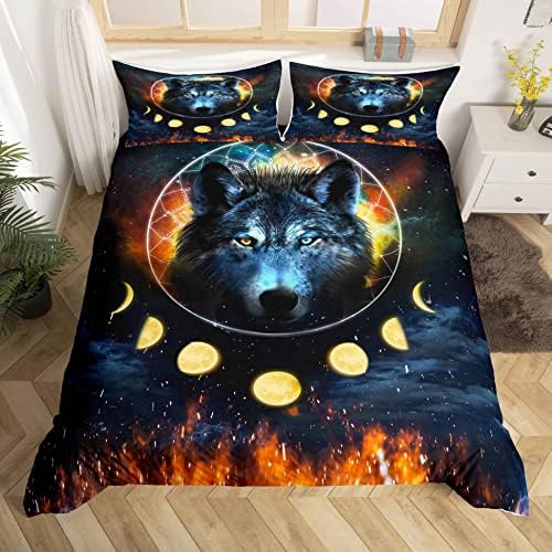 Wolf Bedding Set for Boys Kids Galaxy Wolf Comforter Cover Set 3D Wolf Duvet Cover Teen Man Room Decor, Animal Bedspread Cover Twin Size Dream Catcher Moon Lunar Eclipse Bedding with 1 Pillow Shams