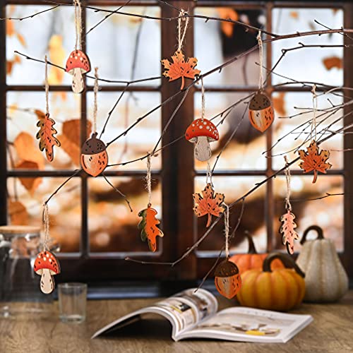 Valery Madelyn 24er Holz Deko Hänger Herbst Dekoration, 4.5-5.5cm Ahornblatt Kiefernzapfen Pilz Blätter Herbstdeko Bunte bemalt Fensterhänger mit Schnur zum Aufhängen Fall Decor Halloween