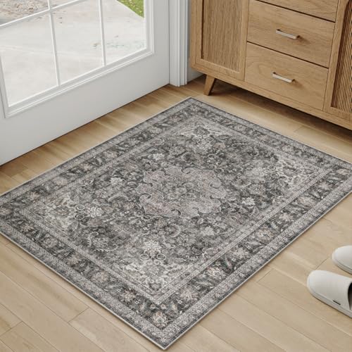 2x3 Washable Black Grey Vintage Area Rug for Entryway Non-Slip Low Pile Traditional Carpet Retro Distressed Vacuumable Door Mat Small Throw Rug for Entrance Bathroom