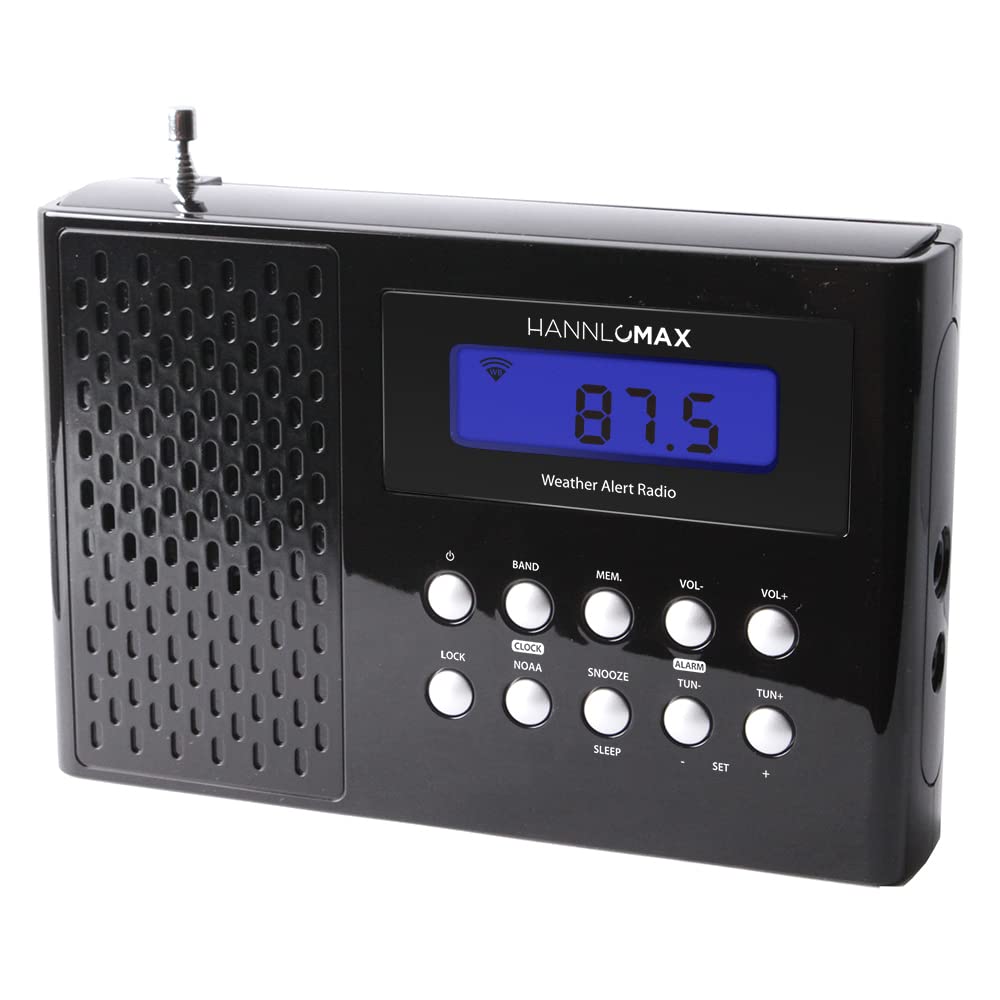 HANNLOMAX HX-512R Portable AM/FM/Weather Alert Radio, Alarm Clock, LCD Display, Headphone Jack, AC/DC Dual Power Source. (Black)