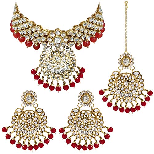 Aheli Elegant Wedding Party Wear Faux Kundan Studded Short Necklace Earrings with Maang Tikka Set Indian Ethnic Bollywood Fashion Jewelry for Women