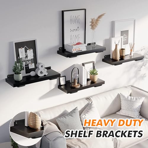 6-Pack 6 Inch Metal Floating Shelf Brackets, Heavy-Duty Hidden L Shelf Supports, Wall-Mounted Shelving Hardware, 1/5-Inch Thick, Modern Black Iron Brackets for Decorative Shelves, Screws Included