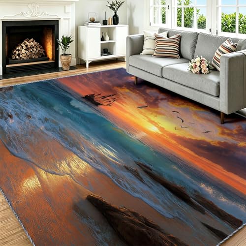Tapis large marron 160 x 230 cm avec motif paysage de vagues pour salon