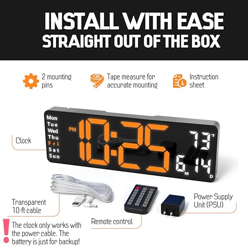 Image of Opis Clock 1 (XL 13'' Orange & White): The Colorful Retro Rectangular Digital Wall Clock, Digital Clock Wall, Digital Clock: Date and Day of Week, Wall Clock with Temperature, Timer and Counter