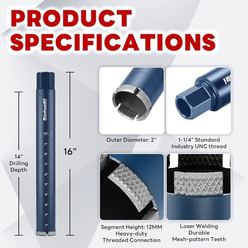 Image of 2 inch Core Drill Bit with Etched Depth Scale - Industrial for Reinforced Concrete, Brick Block, Masonry,1-1 /4 inch-7 UNC,14 inch Drilling Depth, Precision-Welded & Aggressive Sharp 12mm Segments, Wet