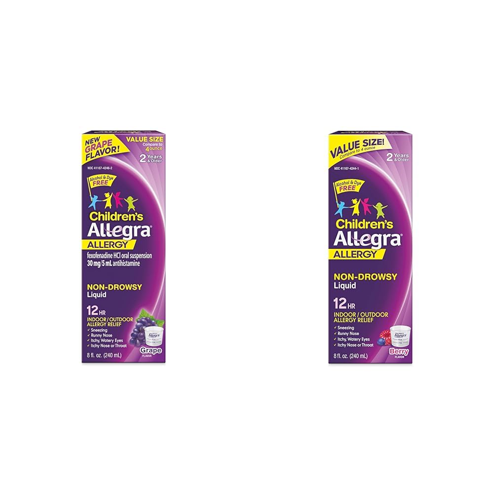 Allegra Children's 12HR Allergy Relief Non-drowsy Antihistamine Liquid, Grape & Berry Flavors, Fexofenadine HCl, 8 oz. Bottles (2 Pack)