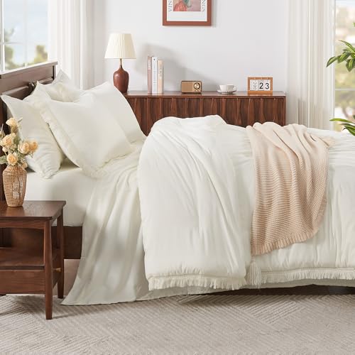 Image of Andency Ivory Queen Size Comforter Set with Sheets - 7 Pieces Boho Tassel Bed in a Bag Soft Lightweight Bedding Sets, Ivory Fringe Bed Set with Comforter, Sheets, Pillowcases & Shams