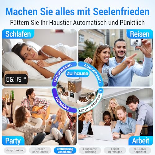 Futterautomat Katze 2 Näpfe mit APP: 7L katzenfutter automat mit Langsamer Vorschub, 5G WIFI Doppel Futterspender katzen, Trockenfutter Automat für Mehrere Haustiere, WLAN Futterautomat Hund