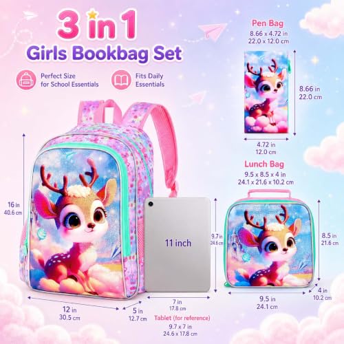 Image of AGSDON 3PCS Backpacks for Girls, 16 inch Kids Backpack with lunch box, Cute Deer Water Resistant Bookbag Set for Preschool Toddler