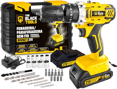 Furadeira E Parafusadeira De Impacto Bateria 21v 3/8 Tb-21pkx The Black Tools Com Maleta E Acessorios