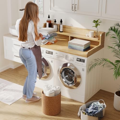 Image of 2-Tier Washer Dryer Countertop with 2.75 inch H Edge Rails, 54 inch W x 27.55 inch D Laundry Countertop for Folding Clothes, Washer and Dryer Topper with Non-Slip Pad (Pure Wood Color)