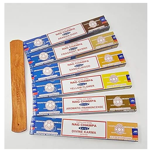 Satya Nag Champa kombo rökelsepinnar mix deal – aromatisk rökelse, gudomlig karma, doftande myrra, palo Santo, arabisk oudh, gul blomma med JR rökelsehållare SNC8