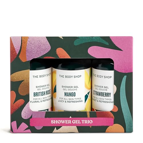 The Body Shop Juego de gel de ducha Trio de regalo de Navidad (3 x 60 ml), mini geles de ducha festivos en fresa, mango y rosa británica, limpiadores refrescantes con aloe vera para una piel suave y