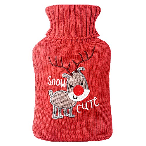 Bolsa de agua caliente de Goma de 1000 ML con termo cubierto Una bolsa de agua caliente de invierno con un calentador de mano de alce de Navidad para aliviar el dolor Cover