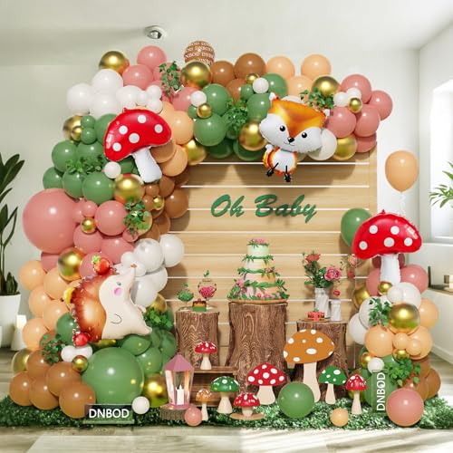 Image of 158Pcs Sage Green Pink Gold Woodland Balloon Garland Arch Kit,with Mushroom,Fox,Hedgehog Foil Balloons for Forest Fairy Wild Animal Theme Baby Shower Birthday Spring Garden Tea Party Decorations