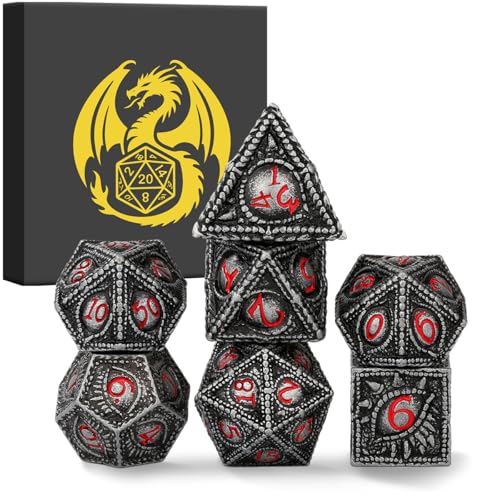 Metal Dice Set, Dragon Eye Theme, 7pcs Polyhedral Metal DND Dice Set, DND Starter Set, D&D Gifts with Gift Box, Role Playing Board Games Accessories, Red Black Silver