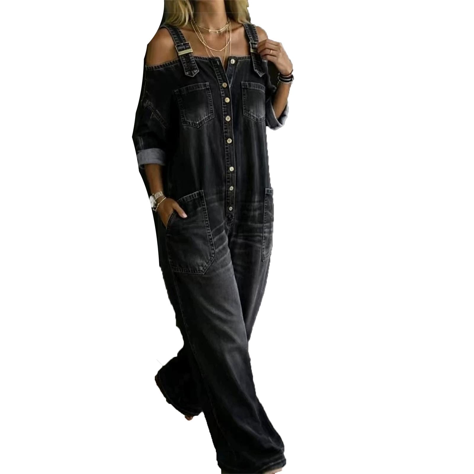 Combinaison en Jean pour Femmes décontractée, Combinaison Ample à Jambe Large et épaules dénudées, Style Vintage, Confort Lounge, Combinaisons en Jean Larges avec Poches