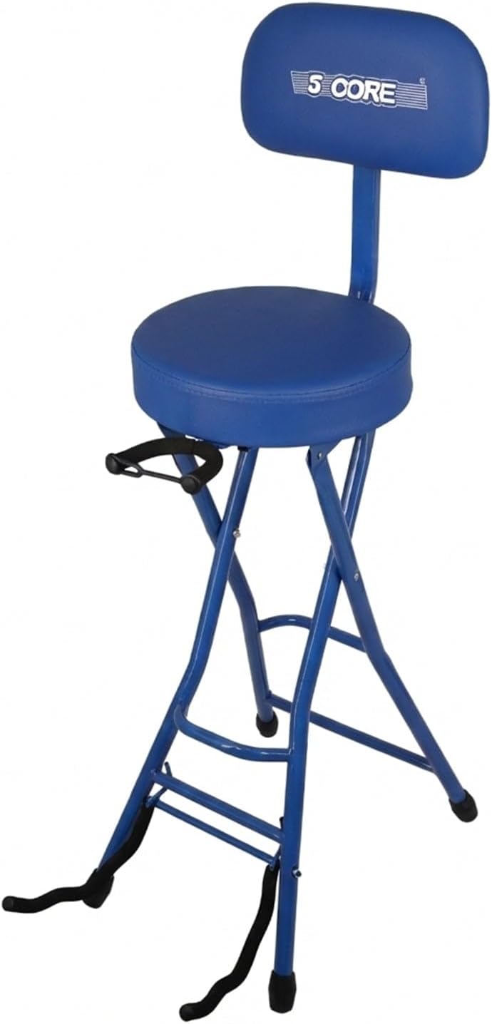 5 CORE Guitar Stool 3.15" Padded Chair w Backrest Foldable Seat w Foot Rest Guitar Stand for Acoustic Electric Bass Guitars (Round) (Blue)