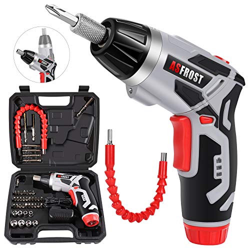 Electric Screwdriver, AsFrost Cordless Screwdriver, Rechargeable 3.6V MAX 2000mAh Li-ion, 45pcs Accessories, Battery Indicator, 7 Torque Setting, 2 Position Handle with LED Light, Flexible Shaft