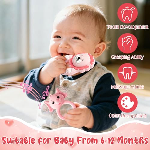 Image of 3Pcs Silicone Teether for Babies Girls, BPA Free Rattle Teething Toys | Pink Bear Lion Elephant Baby Rattle, Food Grade Teething Relief Sensory Toy, Sore Gums Pain Chew Toy for Newborn, 6-12 Months