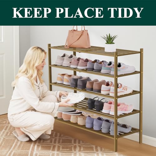 Image of Smiry Bamboo Shoe Rack, 5 Horizontal Slats, 5 Tier - 33.9 inch Wide, Walnut