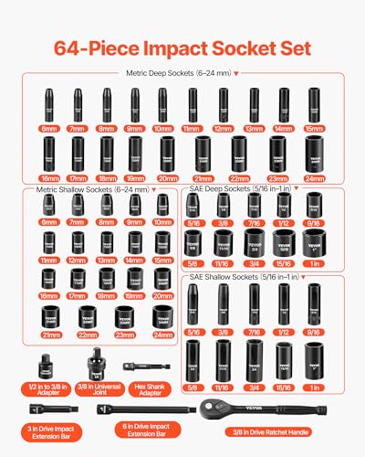 Image of VEVOR Impact Socket Set 3 /8 inch Drive, 64-Piece Standard SAE (5 /16 to 1 inch) & Metric (6 to 24 mm) Size, Deep & Shallow, 6 Point, CR-V, Ratchet Handle, Extension Bars, Universal Joint, Adapters
