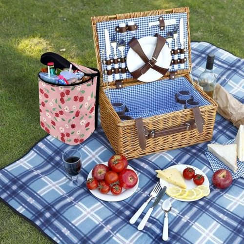 Image of Car Trash Can with Lid - Leak-Proof Garbage Bin, Hanging Waste Basket, Interior Organizer Bag, Cherry Daisy