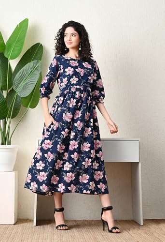 Image of Ichaa Women's Navy Blue Cotton Printed Maternity Dress with Feeding Zips and Pocket, in Plus Sizes