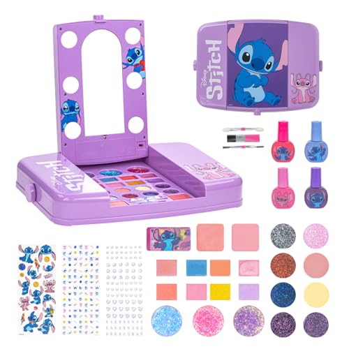 Disney Stitch Kids Makeup Set with Light-Up Mirror Includes Lip Gloss Eyeshadow Blush Brushes Nail Polish Accessories Batteries Not Included for Girls Ages 3+ by Townley Girl