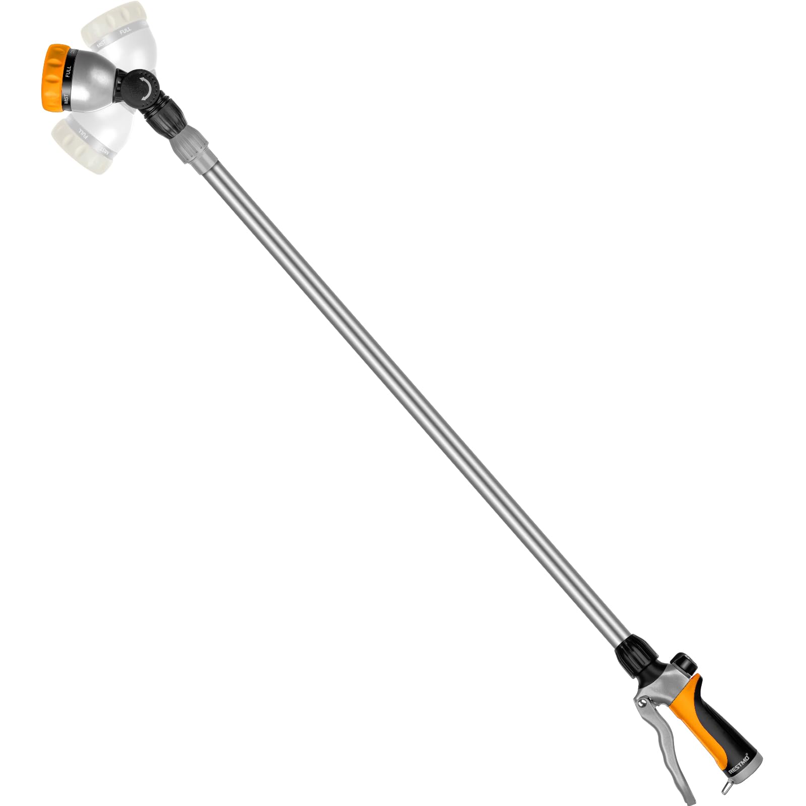RESTMO Varita de riego de metal de 91-152 cm, tubo telescópico largo | Cabezal de trinquete ajustable de 180° | 7 patrones de pulverización | Control de flujo, rociador de manguera de jardín a cestas