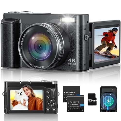 4K Digital Camera for Photography, 48MP Vlogging Camera with Autofocus, Flash, 180° Flip Screen, 16X Zoom, 32GB Card, 2 Batteries & Charger, Compact Travel Camera for Teens, Beginners & YouTube