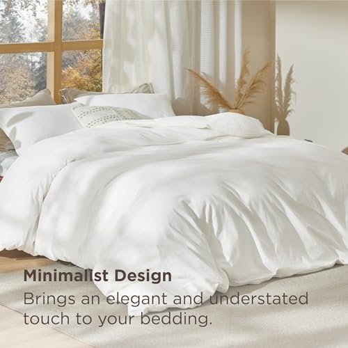 Bedsure 100% Stone Washed Cotton Duvet Cover King Size - White Minimalist Cotton Duvet Cover Linen Like for All Seasons - GentleSoft™ Plain Simple Bedding (White, King, 104"x90")