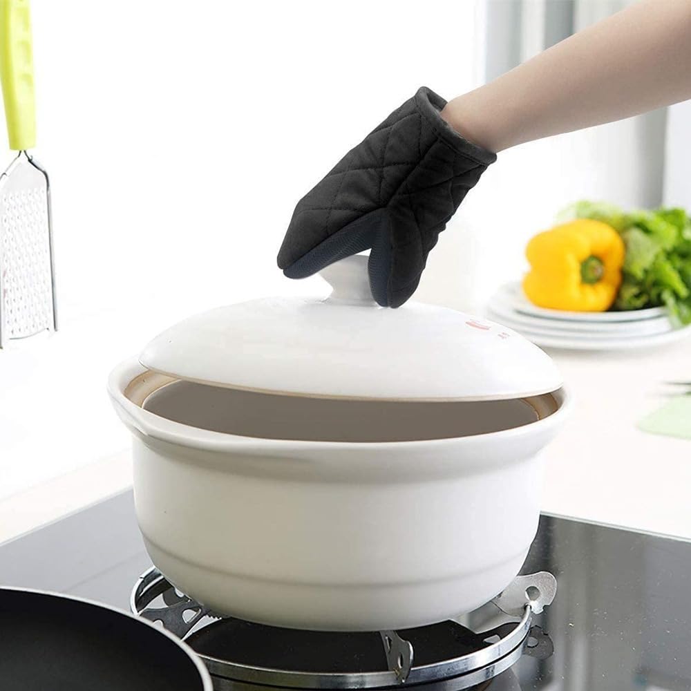 1 par de guantes cortos para horno con lazo para colgar, fáciles de almacenar, guantes de horno de silicona con superficie antideslizante, mini guantes multiusos para hornear barbacoa (negro) 3