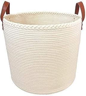 Générique Grand Panier de Rangement et Linge | Modèle Beau Rivage Motif tressé Blanc Coton avec anses Marrons sur Rivets; Hauteur 40CM Diamètre 46CM | pour Linge, Jouets, Plaids, déco