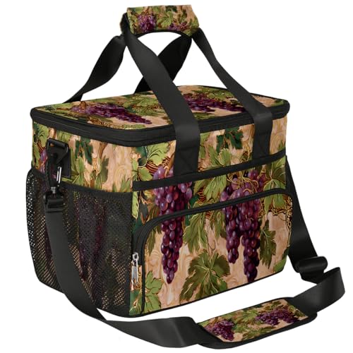 Mexpekil Bolsa térmica grande con diseño de uvas vintage, 15 L, aislada, a prueba de fugas, suave, para playa, con correa para picnic, camping, viajes, pesca, senderismo