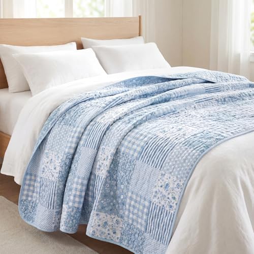 Lumina Garden Quilted Throw Blanket 50x 60 Blue Floral Patchwork Quilt Throw Blanket Reversible Lightweight Shabby Farmhouse Lap Quilt for Couch Sofa Bed Decor