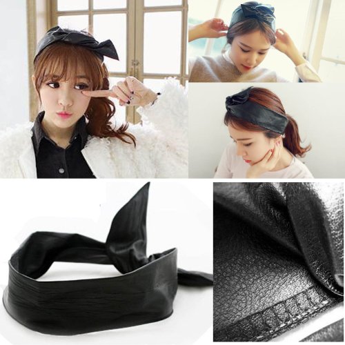 Women Girl Fashion PU Leather Cute Bunny Rabbit Ear Hairband Headband Hair Band Head wrap DIY New (WHS499-1Black)