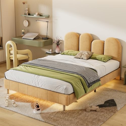 Tcewhhy Cama tapizada con forma de pulgar, cabecero, cama infantil con tira de luz LED para debajo de la cama, color amarillo cálido, doble con listones de madera, terciopelo, caqui, 140 x 200 cm